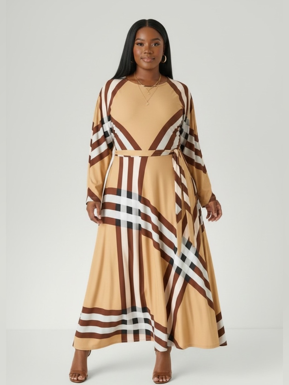 Golden Tan Long-Sleeve Maxi Dress with Bold Stripe Pattern